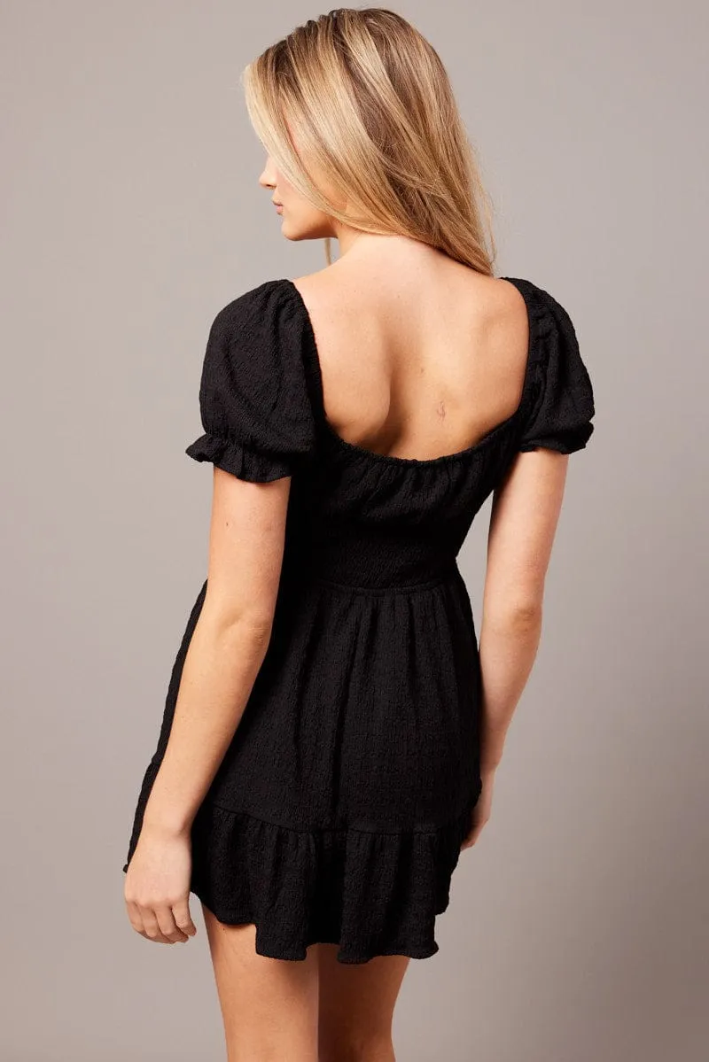 Black Fit And Flare Dress Puff Sleeve Textured fabric Tale Core