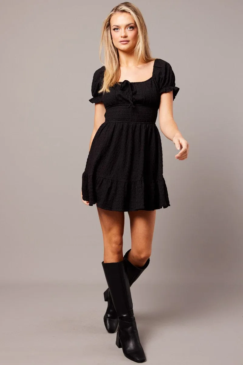 Black Fit And Flare Dress Puff Sleeve Textured fabric Collapsible Hood elastic waistband