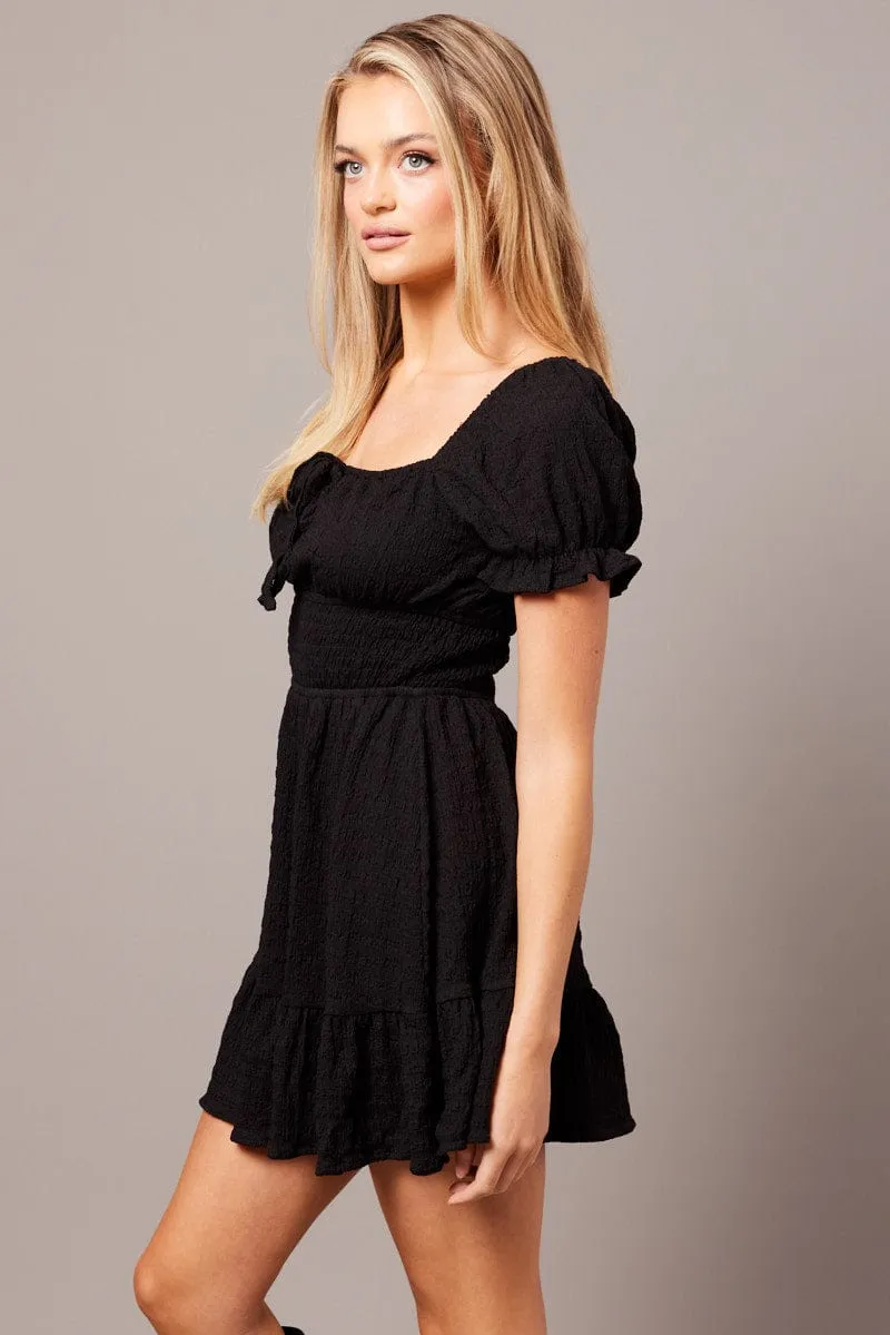 Wool Fit Black Fit And Flare Dress Puff Sleeve Textured fabric