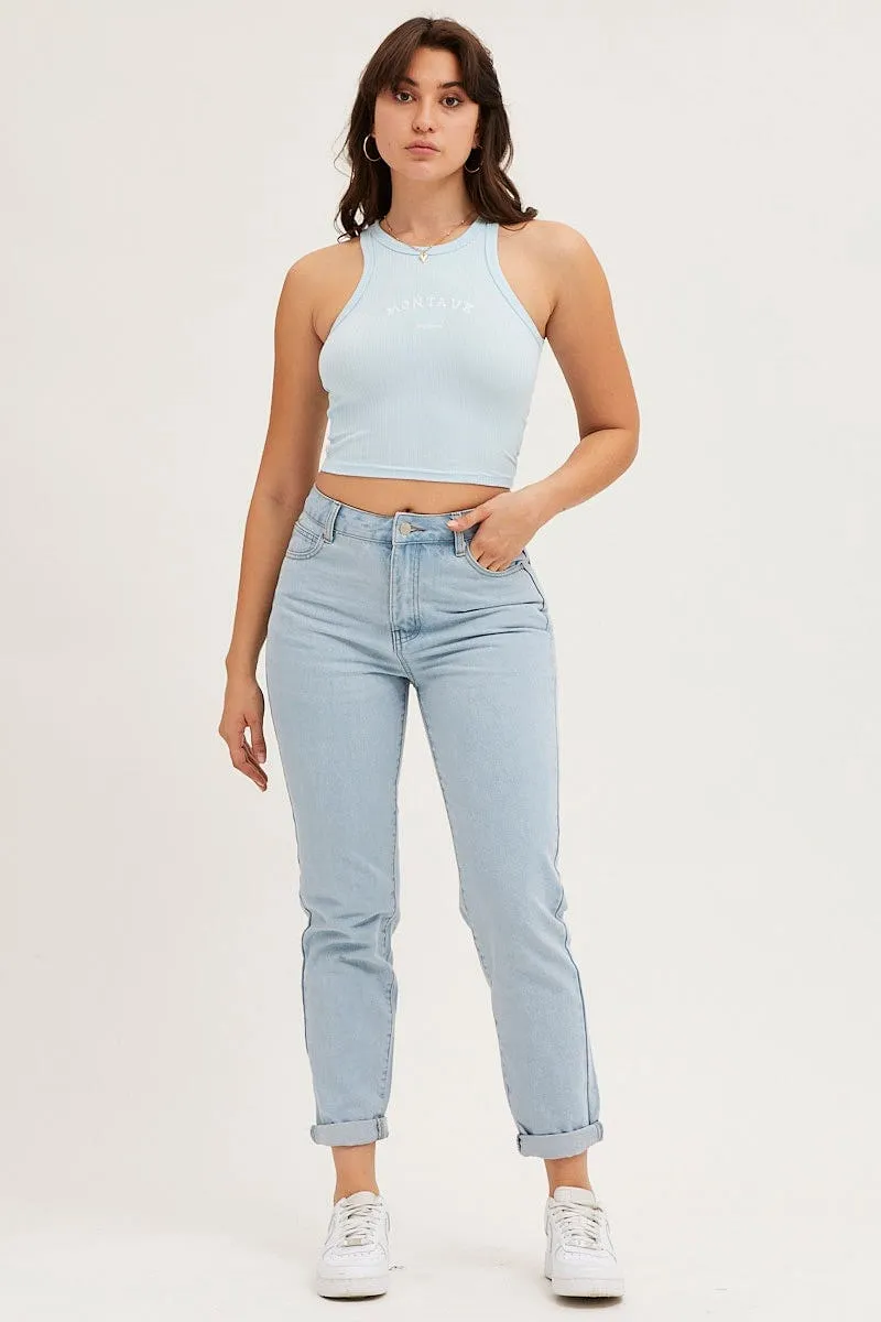 Pure Linen Blend Blue Crop Tank Embroided