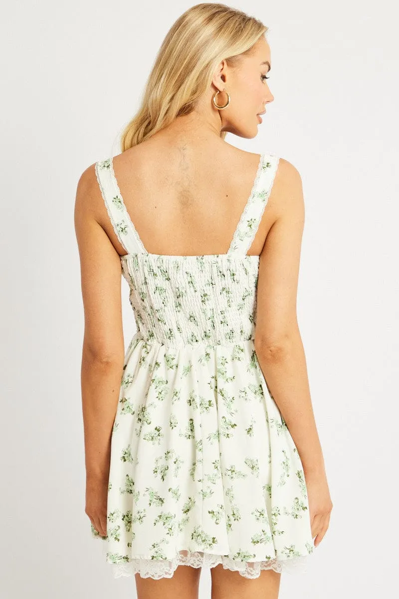 ErgonomicCut StretchFit Green Floral Fit And Flare Dress Corset Detail Mini