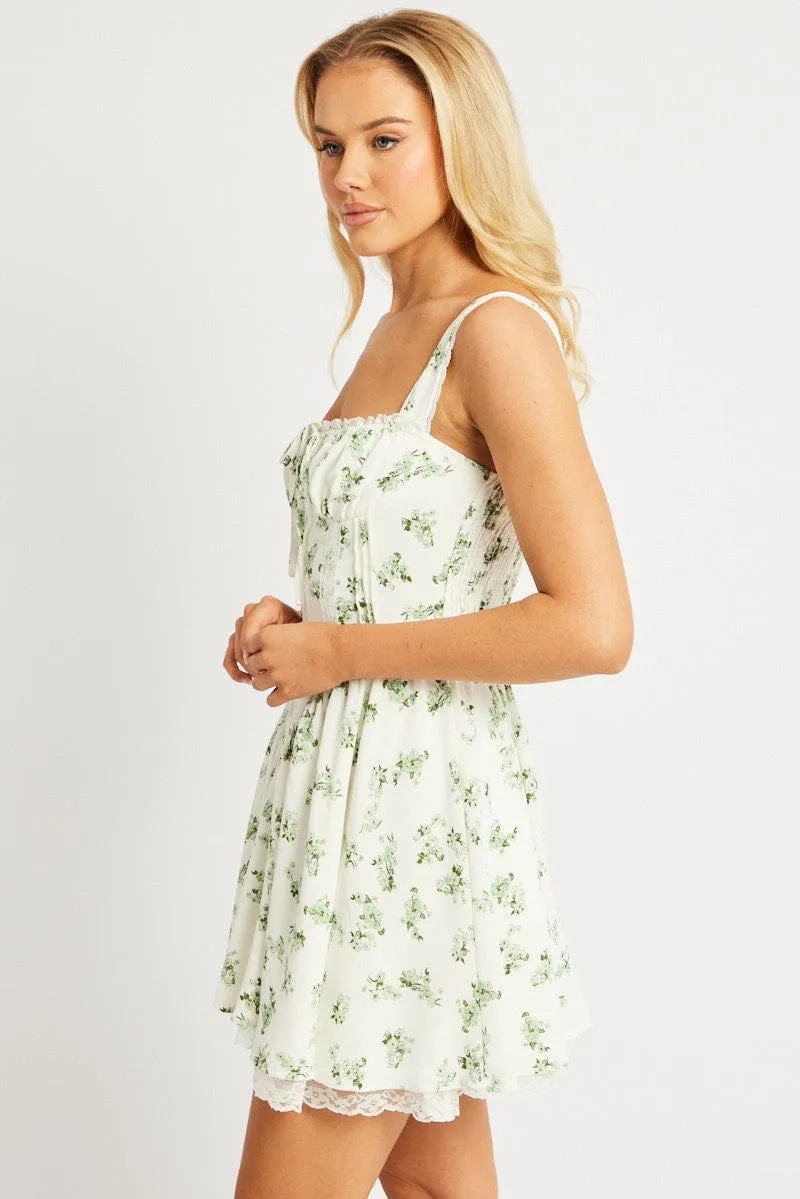 Green Floral Fit And Flare Dress Corset Detail Mini Cold Weather Outfit