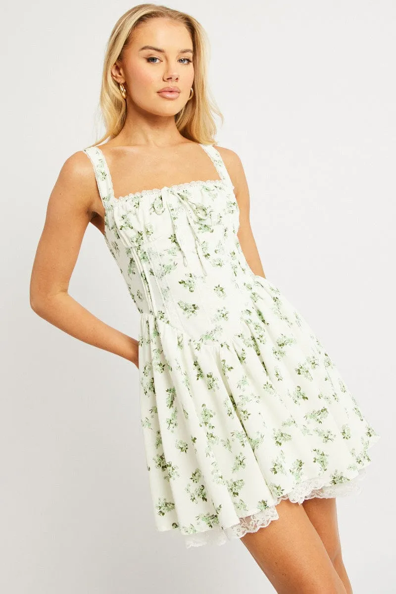 QuickDryingTech Transitional Clothing Green Floral Fit And Flare Dress Corset Detail Mini