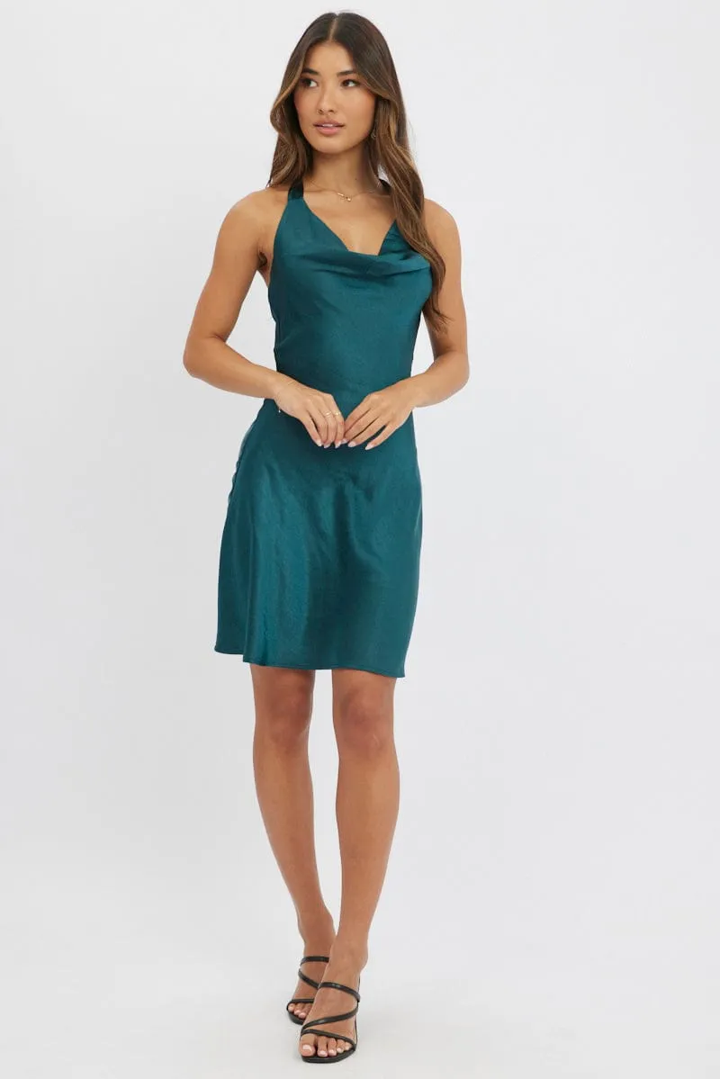 Green Mini Dress Cowl Neck Satin Flirty Vibe