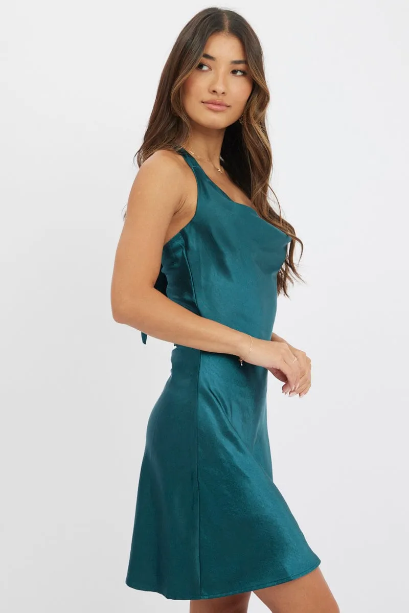Trendy Vibe Green Mini Dress Cowl Neck Satin