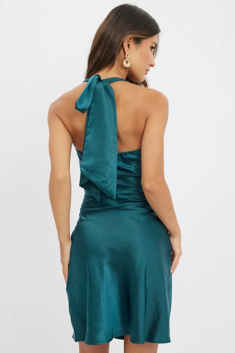 Late Glam Green Mini Dress Cowl Neck Satin