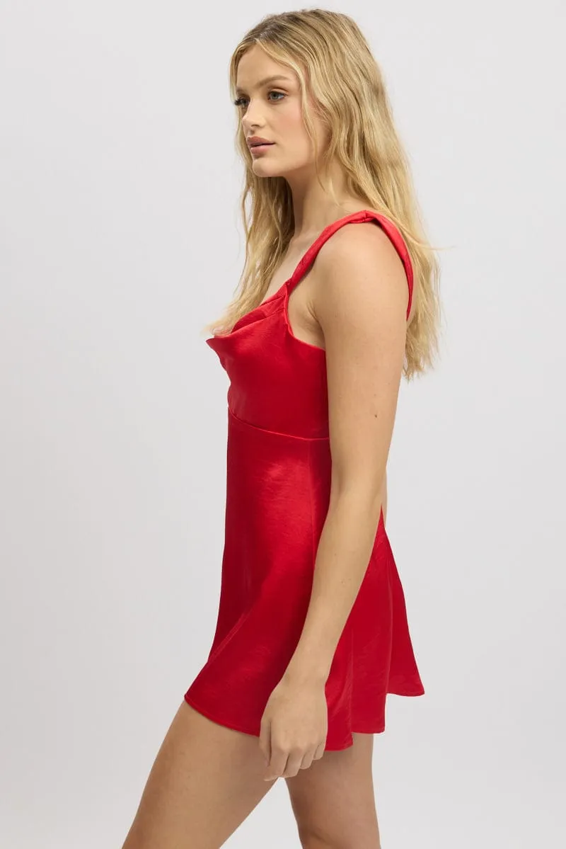 Party Snap Red Mini Dress Cowl Neck Satin