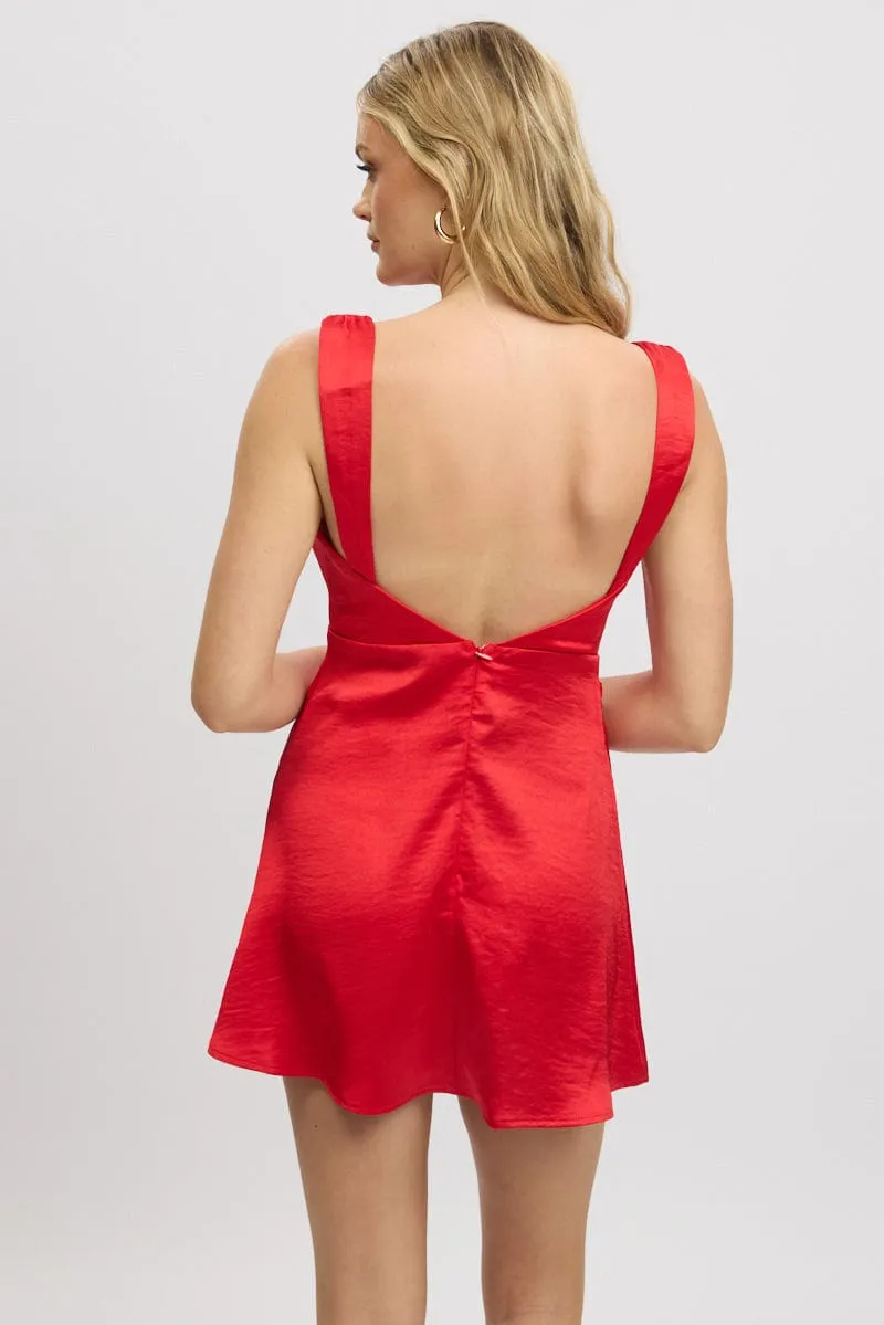 Red Mini Dress Cowl Neck Satin Beat Warm