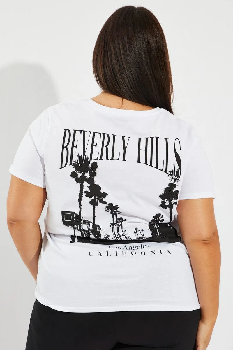 White Graphic T-shirt Short Sleeve Crew Neck Holiday Style Trend