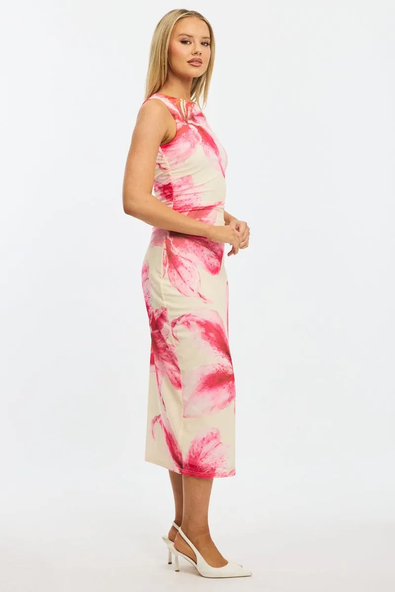 Pink Floral Bodycon Dress Sleeveless Mesh WrinkleFreeFabric Clear Mind