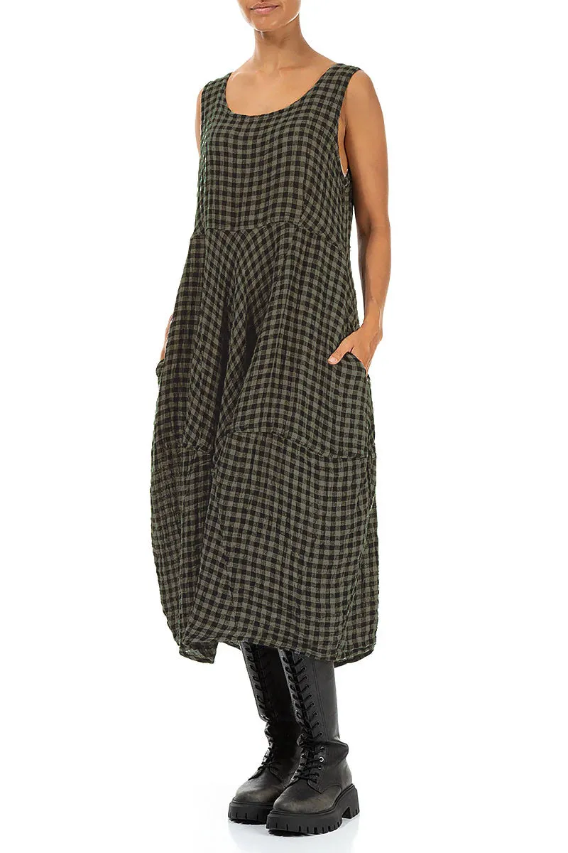 Sleeveless Balloon Forest Mist Check Linen Dress SlipResistantHem