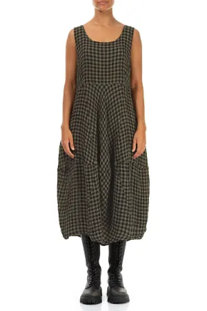 LowMaintenance Sleeveless Balloon Forest Mist Check Linen Dress