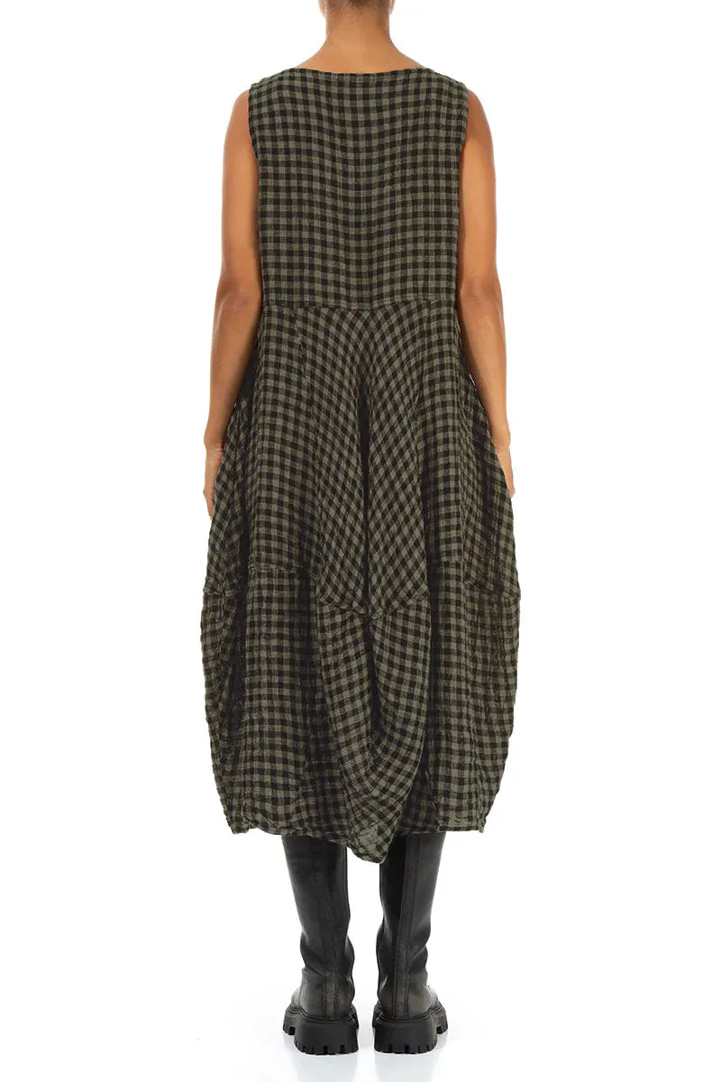 Sleeveless Balloon Forest Mist Check Linen Dress LowMaintenanceMaterial