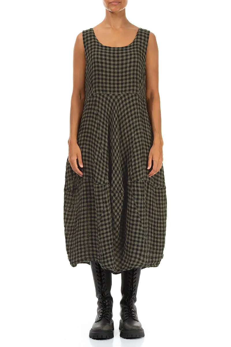 LowMaintenance Sleeveless Balloon Forest Mist Check Linen Dress