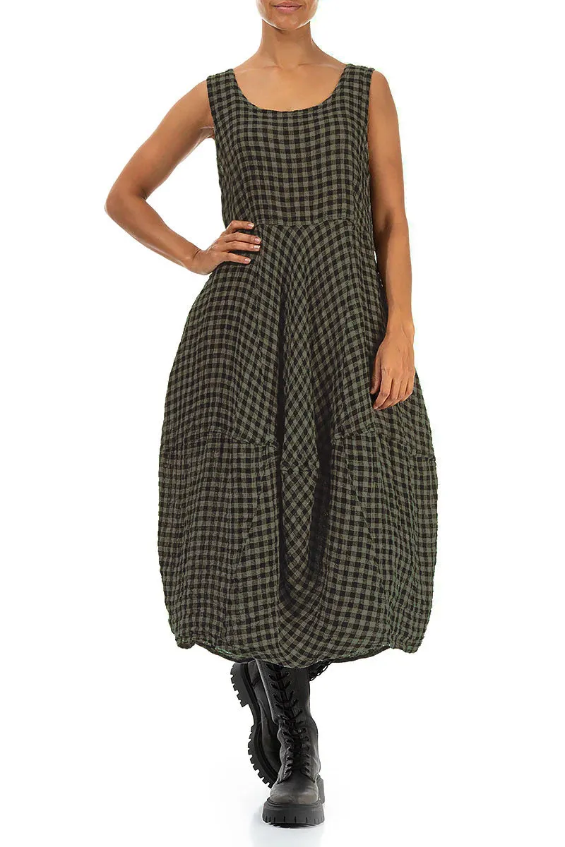 Sleeveless Balloon Forest Mist Check Linen Dress Simple Style