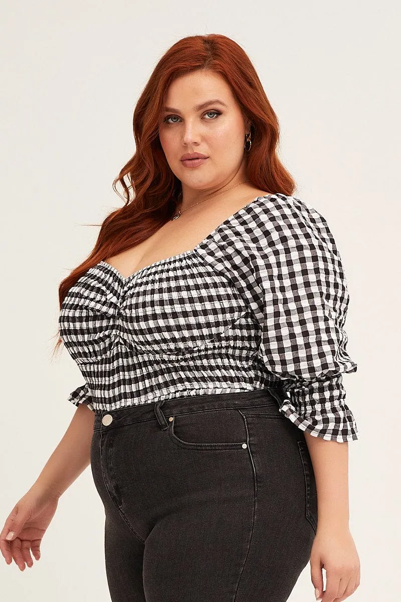 Body Free Brunch Fit Check Short Sleeve Gingham Check Shirred Bodysuit