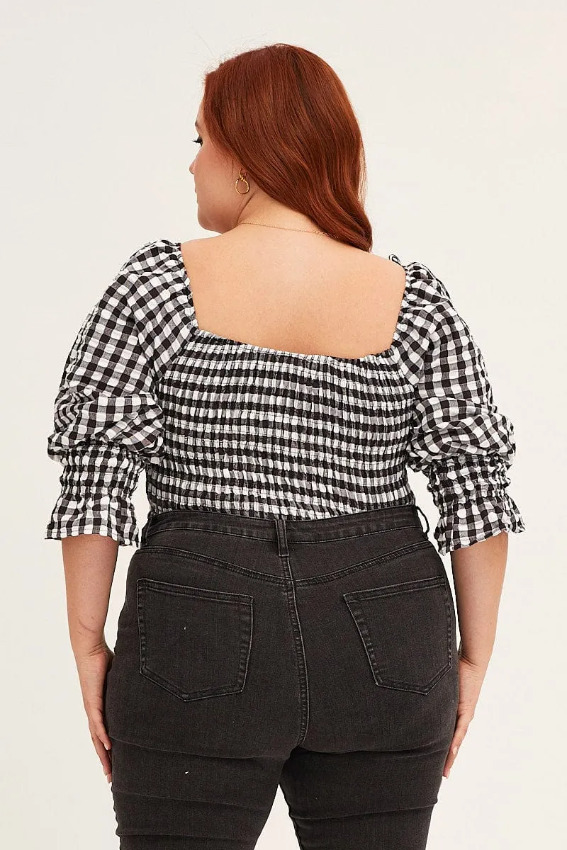 Check Short Sleeve Gingham Check Shirred Bodysuit AdjustableHemline Basic Core