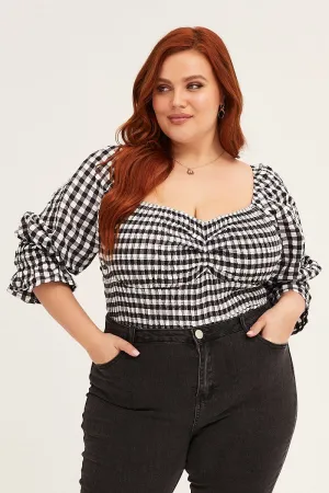 Check Short Sleeve Gingham Check Shirred Bodysuit NonRestrictive Fit Cozy Sweater