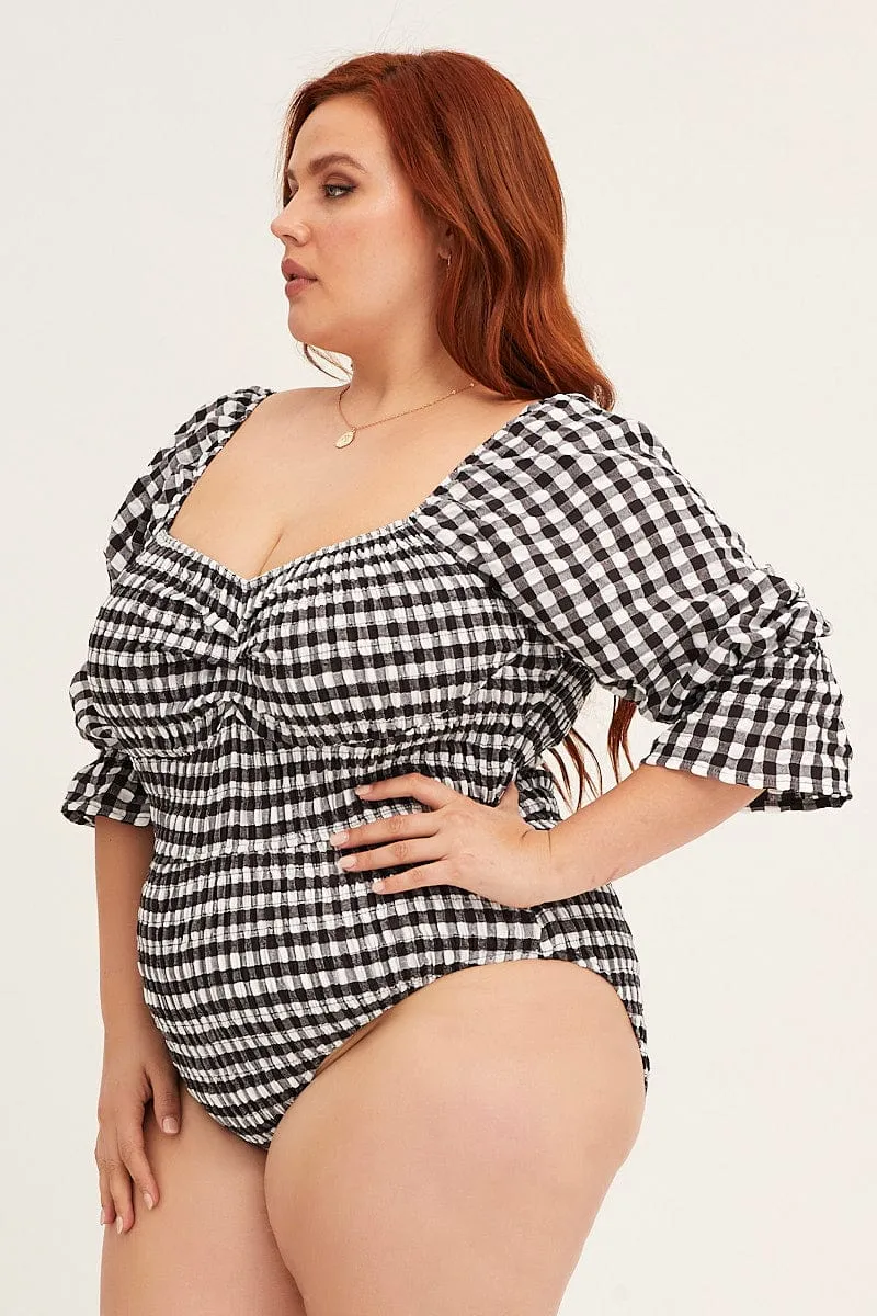 Check Short Sleeve Gingham Check Shirred Bodysuit BuiltIn Grip Vintage Soul