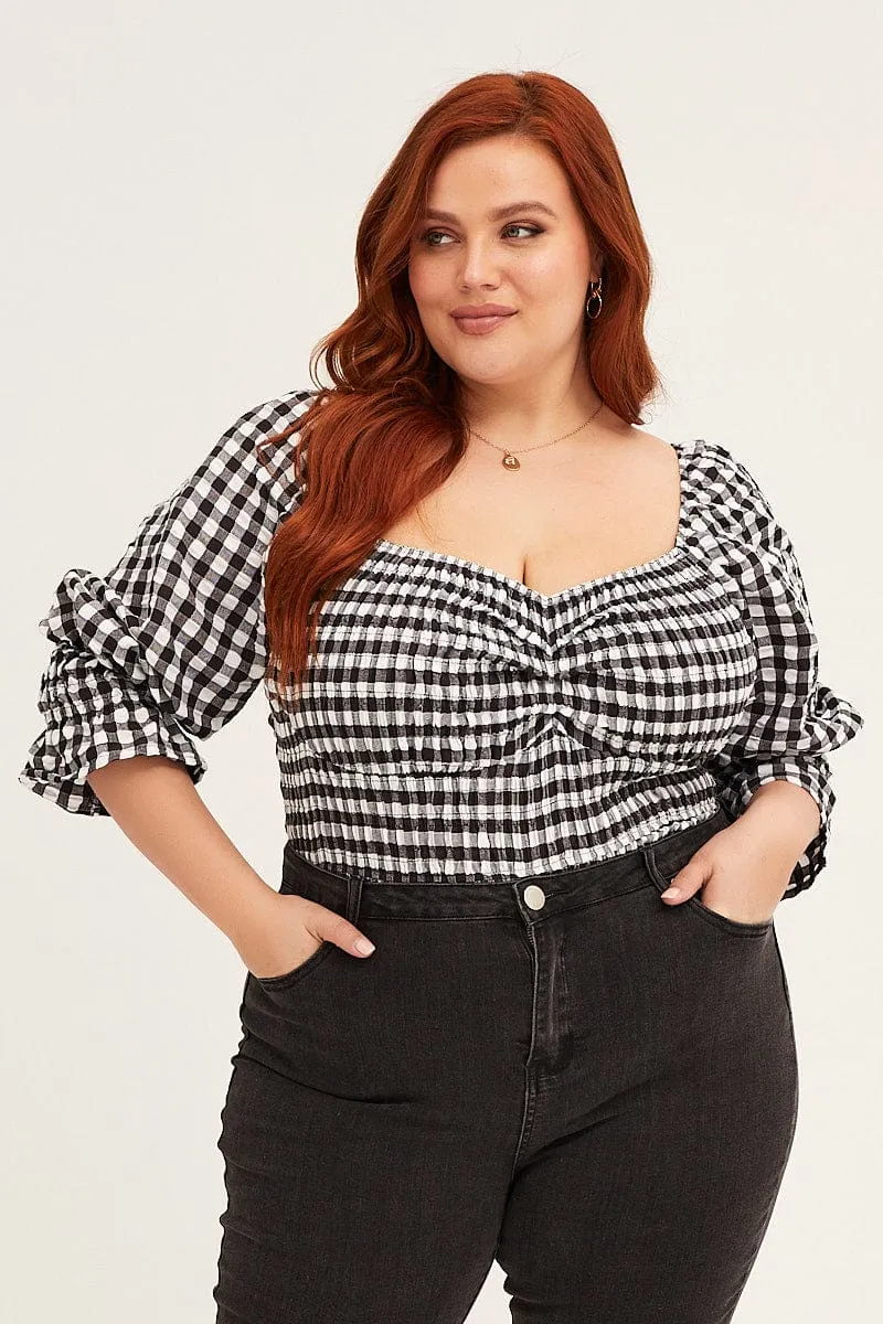 Check Short Sleeve Gingham Check Shirred Bodysuit NonRestrictive Fit Cozy Sweater