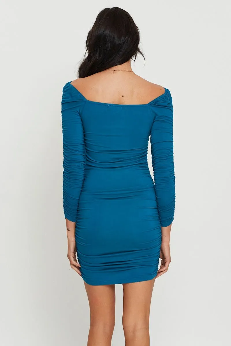 Blue Bodycon Dress Off Shoulder Mini Lightweight Feel Sporty Gear