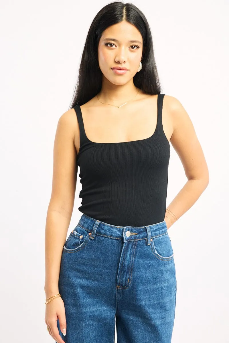 Black Tank Top Double Layered Rib Power Vibe Cotton Glow