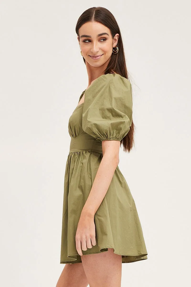 Green Skater Dress Puff Sleeve Mini Sweet Heart Neck Soft Flow