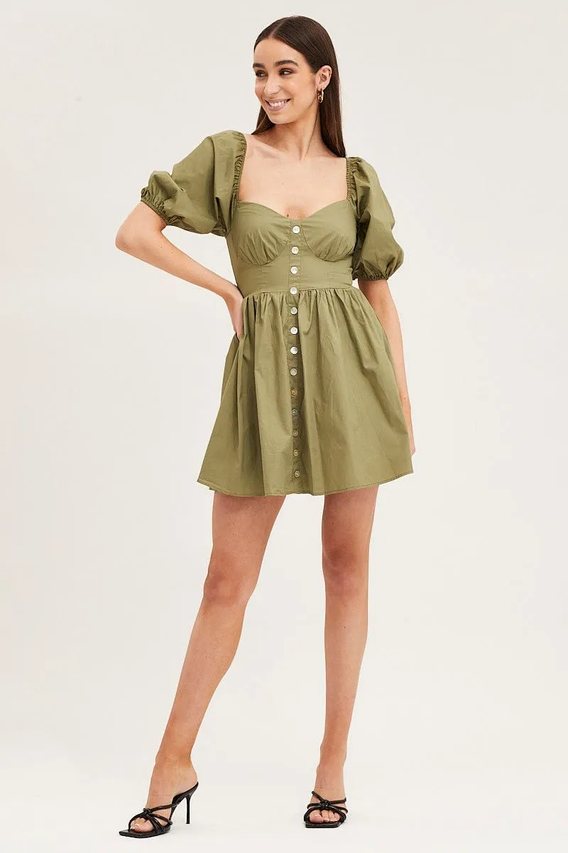 Green Skater Dress Puff Sleeve Mini Sweet Heart Neck Quiet Core