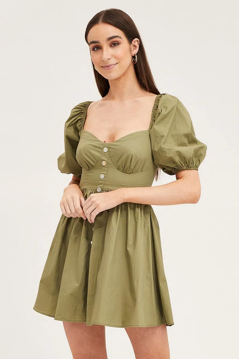 Green Skater Dress Puff Sleeve Mini Sweet Heart Neck Planet Care Tencel Blend Fabric