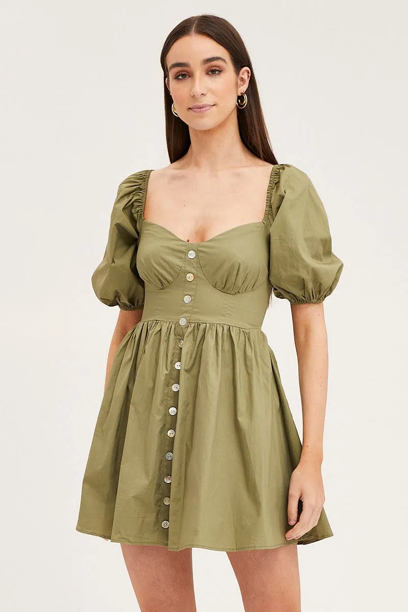 Green Skater Dress Puff Sleeve Mini Sweet Heart Neck Stream Fit TearResistant Material