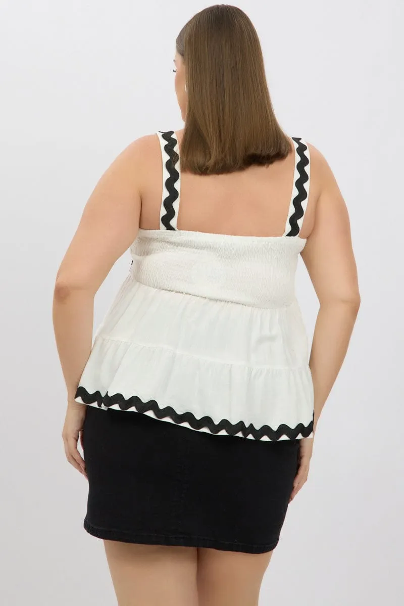 White Smock Top Sleeveless Ric Rac FlatlockStitching