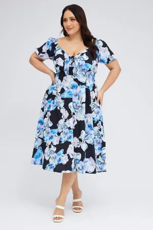 Modern Silhouette Reef View Black Floral Midi Dress Tie Front Puff Sleeve