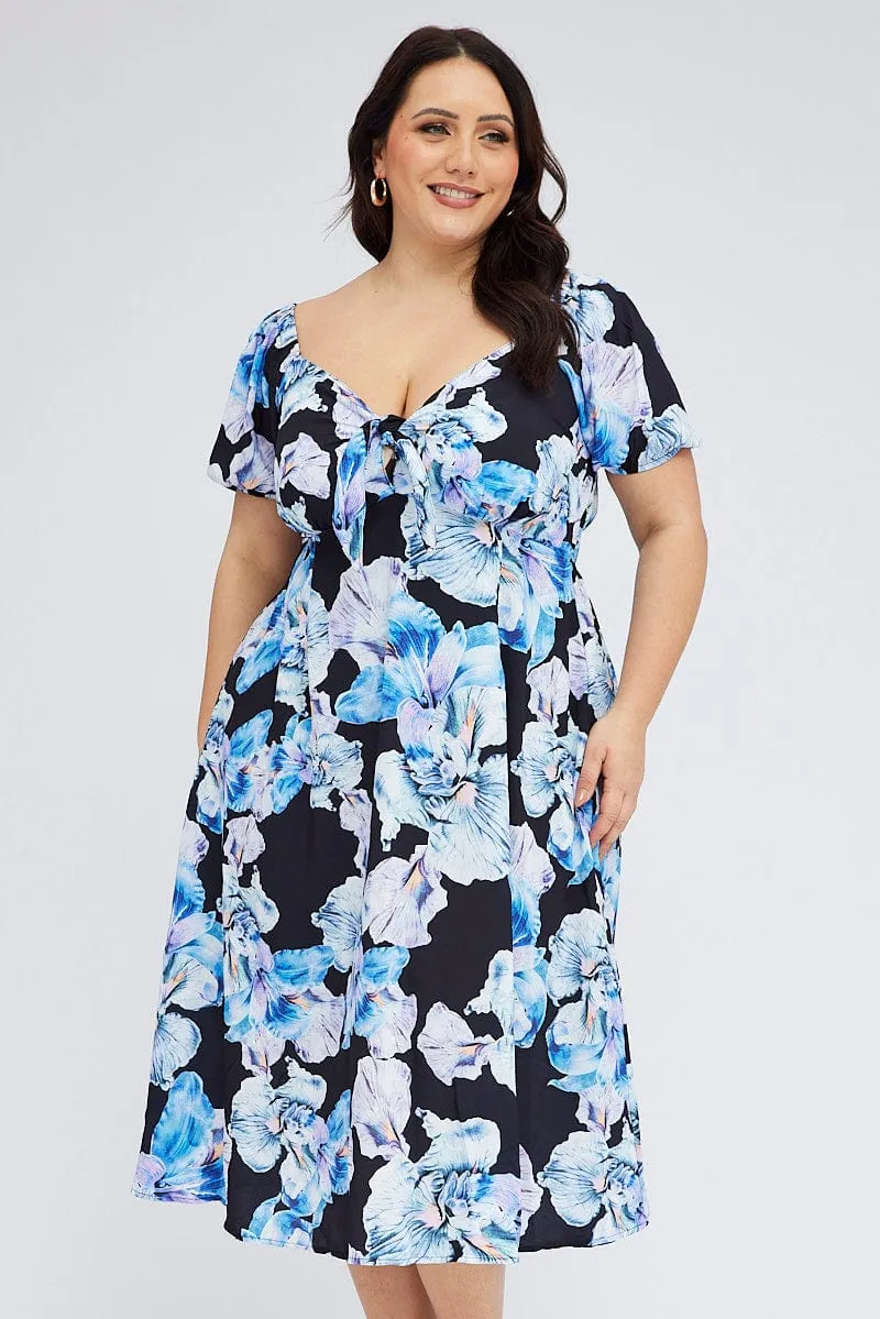 Timeless silhouette for all occasions Film Night Black Floral Midi Dress Tie Front Puff Sleeve