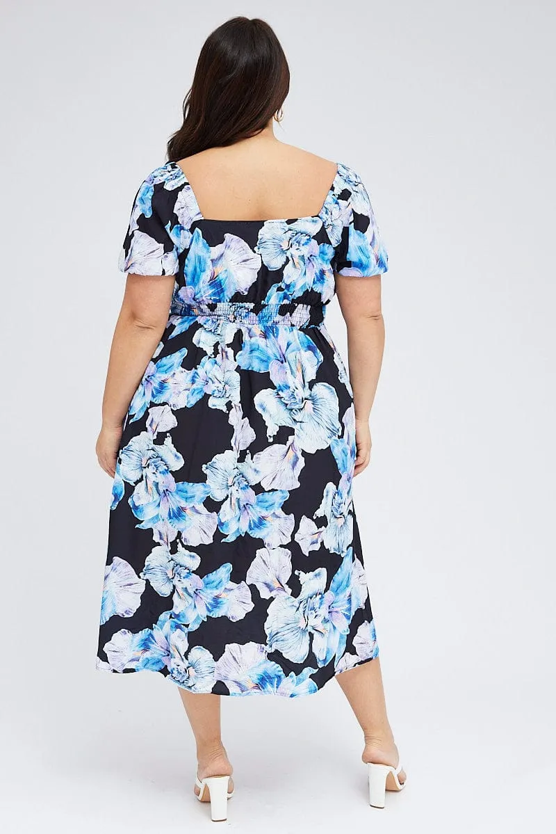 Relaxed fit for outings Black Floral Midi Dress Tie Front Puff Sleeve