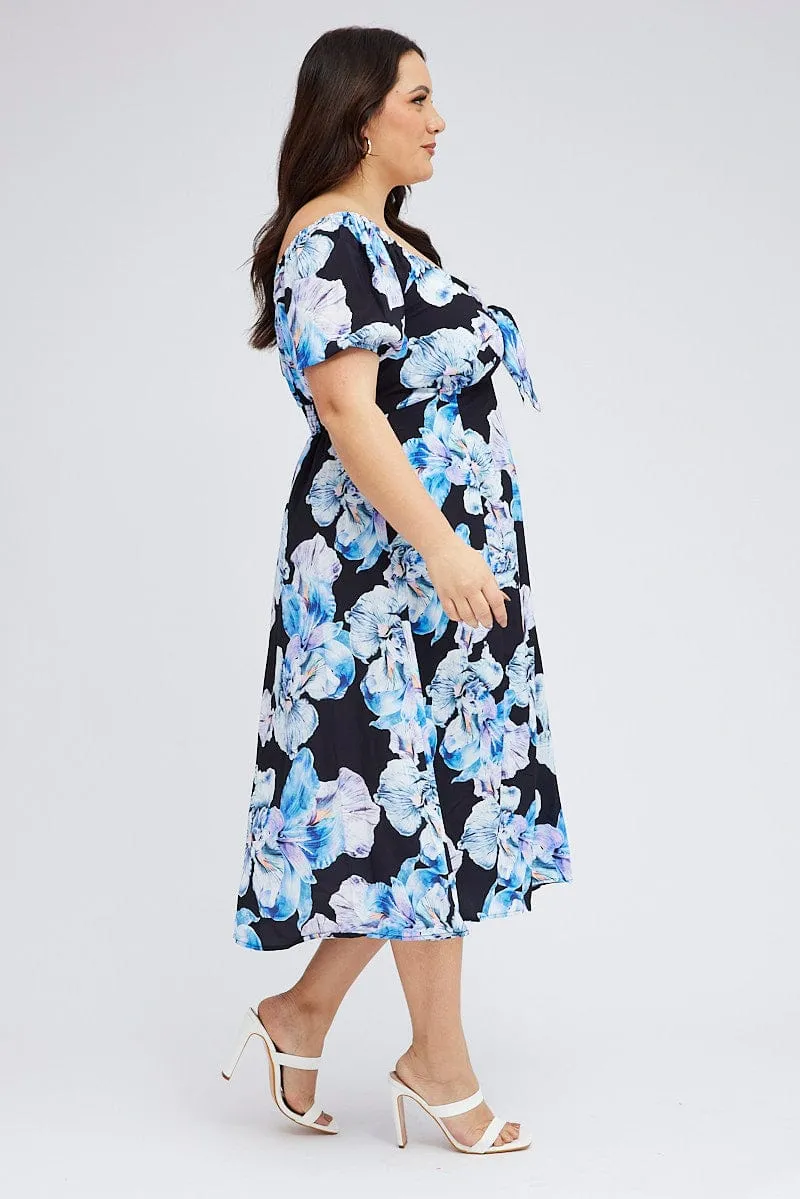 Blue Hour Spring Tone Black Floral Midi Dress Tie Front Puff Sleeve