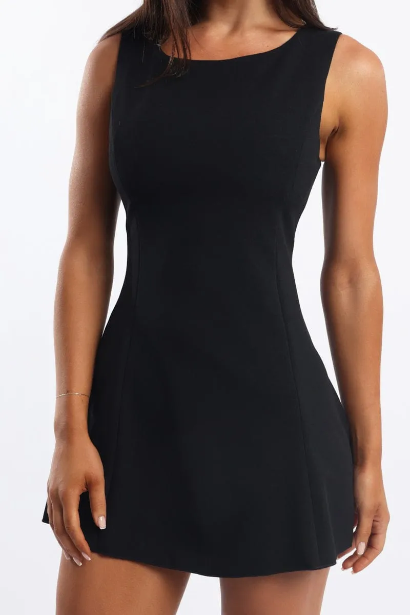 Shine Mode Summer Vibes Black Mini Dress Boat Neck