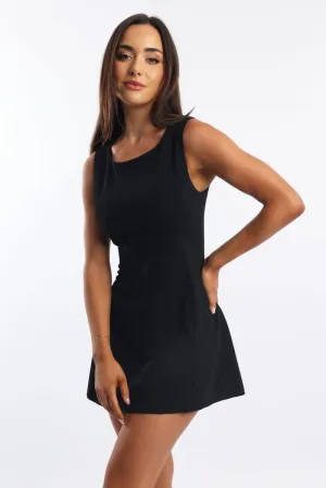 SnagFree Fabric Campus Vibe Black Mini Dress Boat Neck