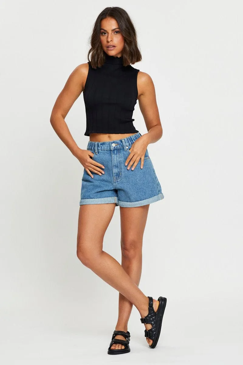 Black Tank Top Seamless Crop High Neck AntiPillingTechnology