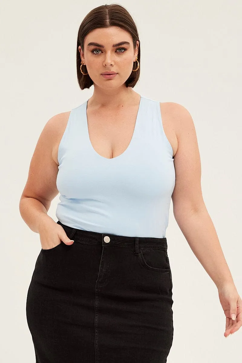 Blue V-neck Sleeveless Cotton Tank Top Universal Clasp Mechanism