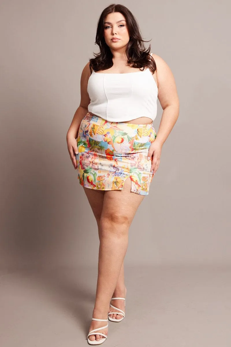 Multi Abstract Postcard Mini Skirt Chill Wear Draped Silhouette