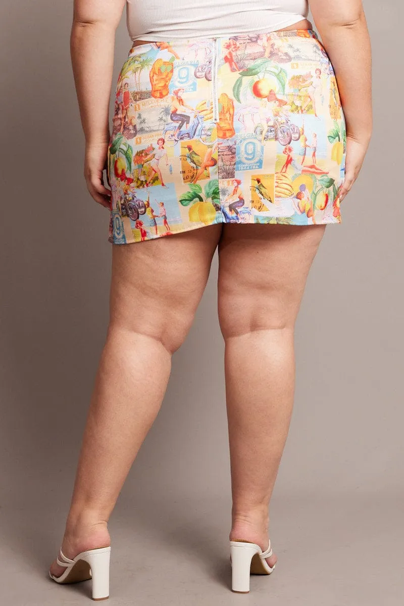 Multi Abstract Postcard Mini Skirt Chic Look