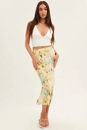 Adjustable Ties Trendy Outfit Yellow Floral Midi Skirt Slip Floral Print