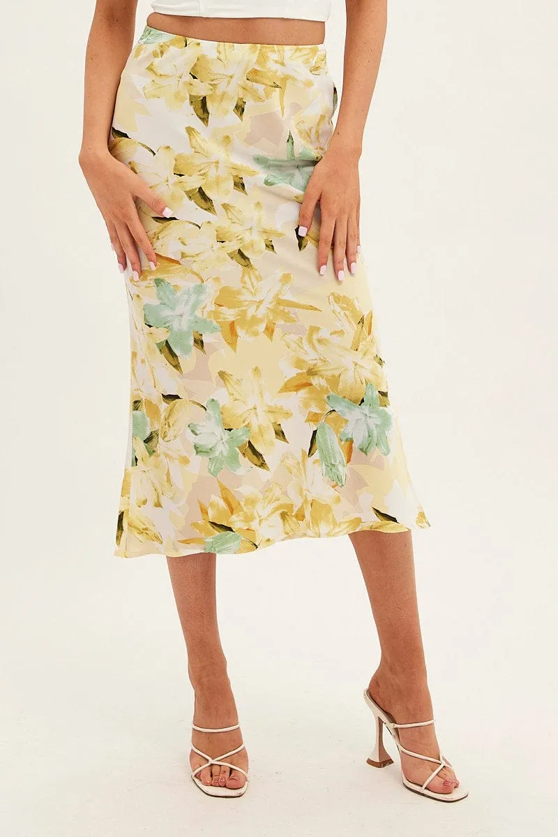 Yellow Floral Midi Skirt Slip Floral Print Urban Style