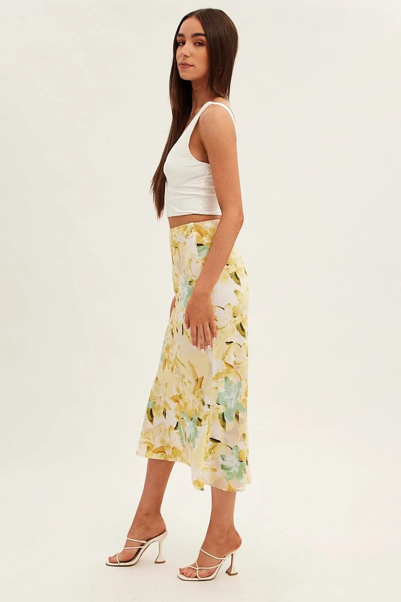Yellow Floral Midi Skirt Slip Floral Print Vibe Ready Chafe Resistant