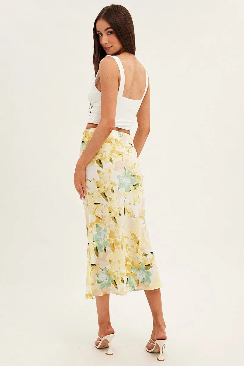 Classic Design Abrasion resistant Yellow Floral Midi Skirt Slip Floral Print