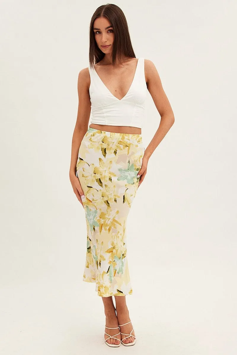 Natural Look ribbed texture Yellow Floral Midi Skirt Slip Floral Print