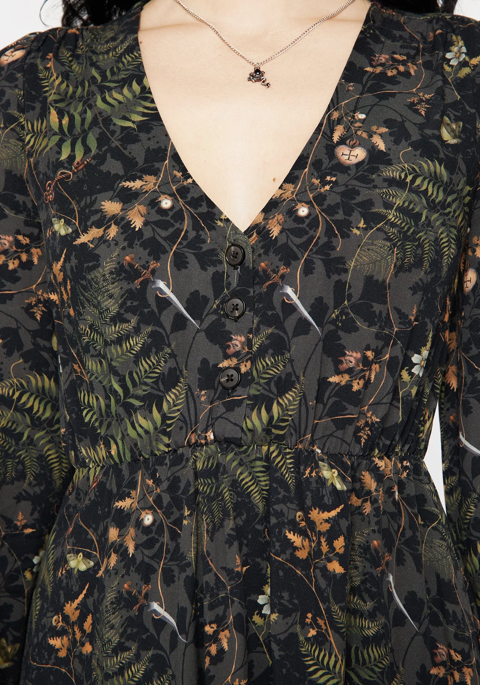 Wither Fern Print Balloon Sleeve Mini Dress Floral Chic Design Feminine flattering short gown