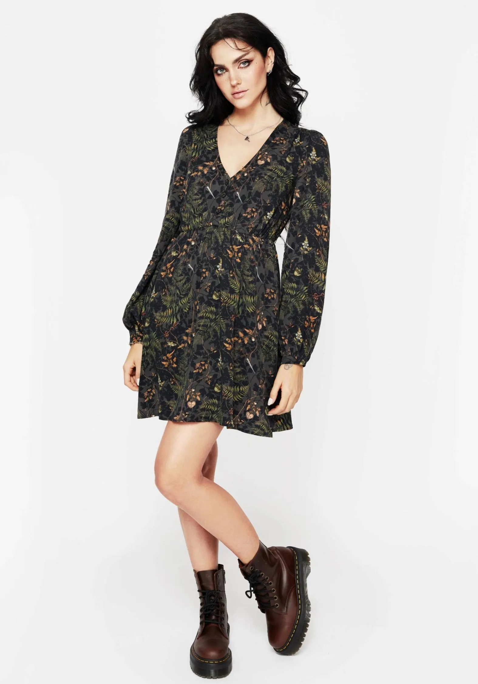 Bright Beat Wither Fern Print Balloon Sleeve Mini Dress