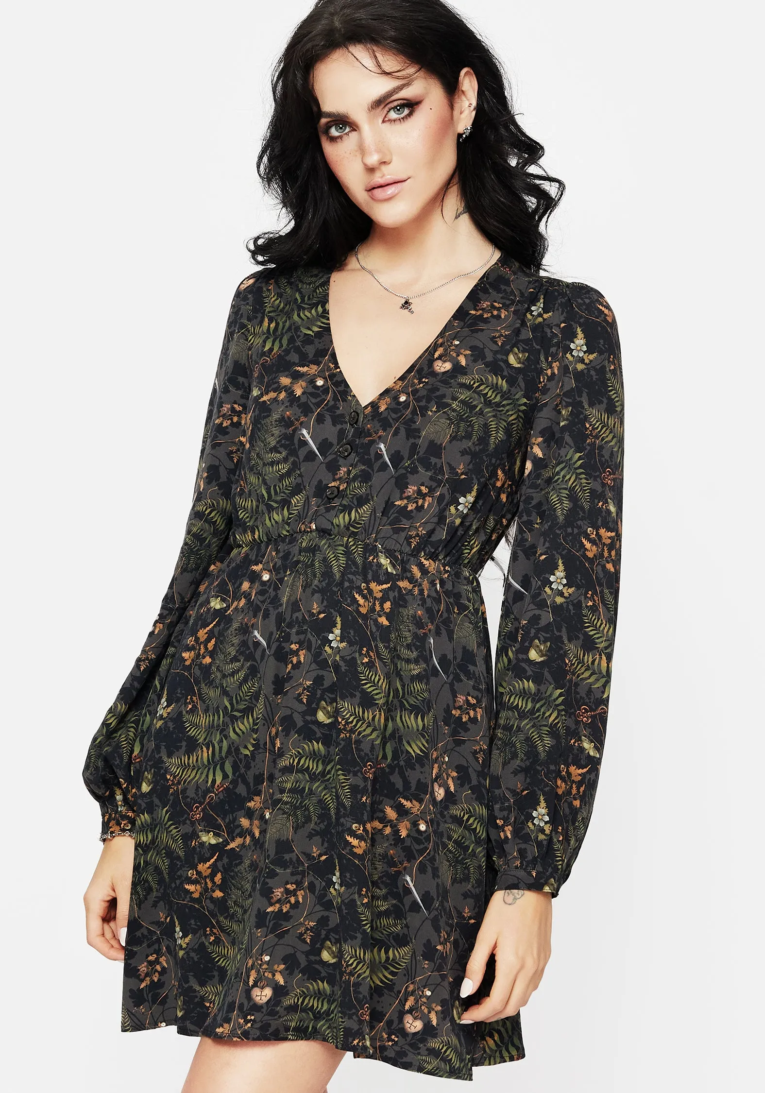 Fashion Glow Club Pop Wither Fern Print Balloon Sleeve Mini Dress