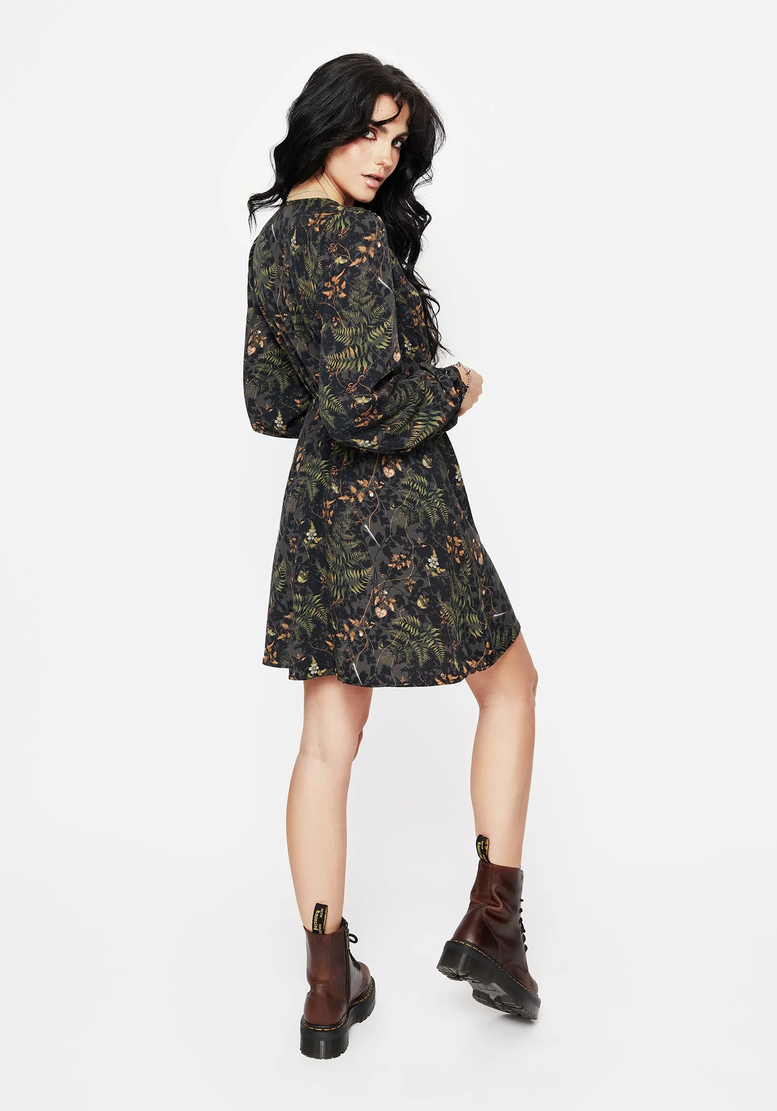 Youth Flair Wither Fern Print Balloon Sleeve Mini Dress
